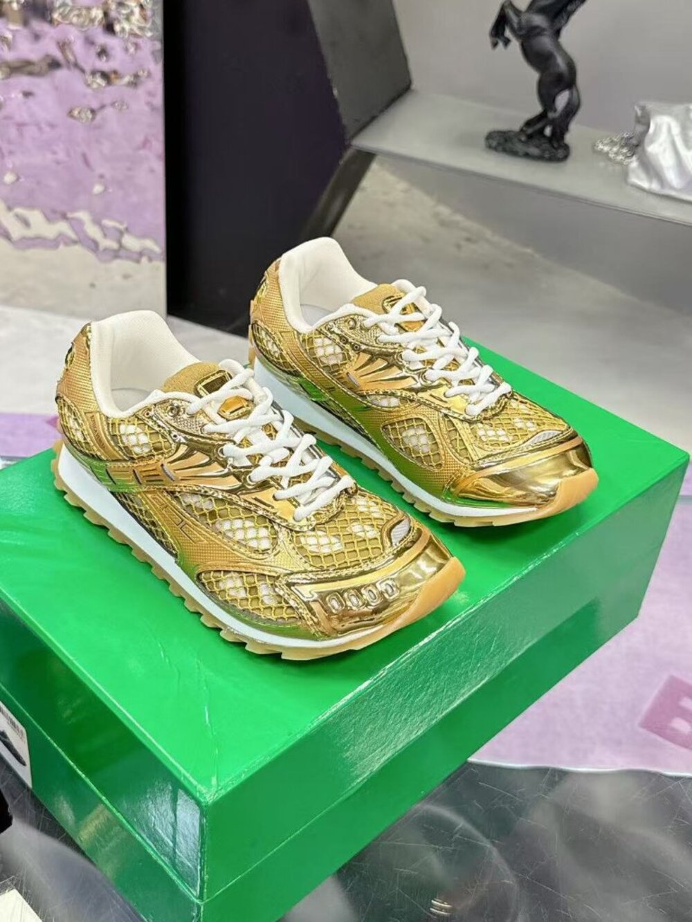 Bottega Veneta Gold Metallic Mesh Retro Runner Low Top Lace-Up Sneakers